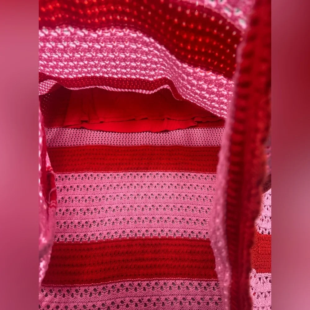 Scoop Crochet Scalloped Hem Red Pink Striped A Line Pull On Midi Skirt Large - Picture 8 of 16